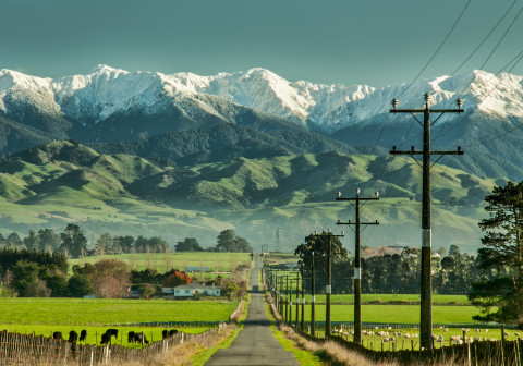 Rural road with farms and the Southern Alps in the background.